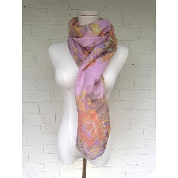 Lightweight Pink Floral Long Semi Sheer Raw Edge Scarf Wrap Spring Summer - Picture 1 of 4